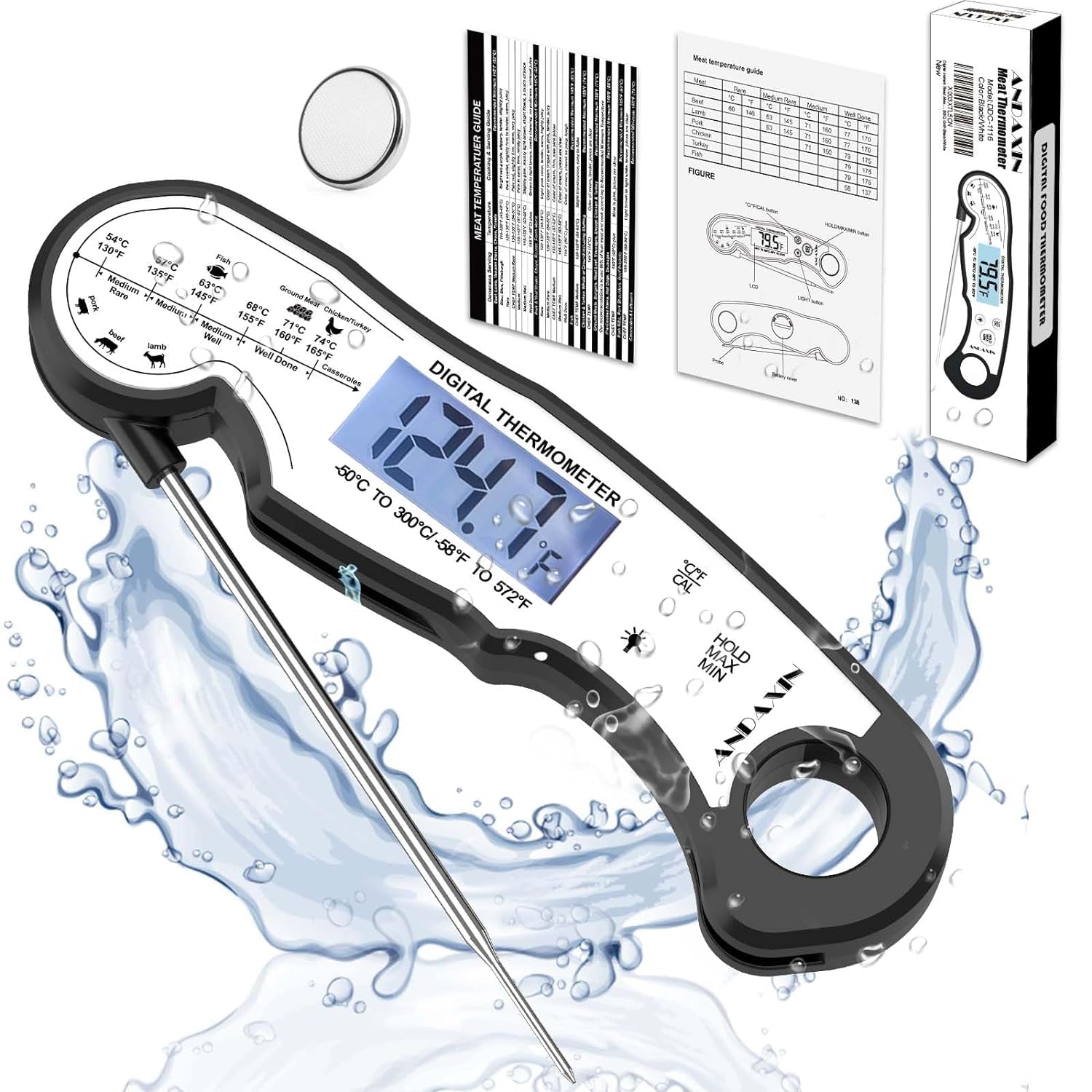 QuickTemp™: Digital Instant Read Meat Thermometer - Waterproof, Ultra-Fast, with Backlight & Foldable Probe for Grilling, Cooking, BBQ & More - Black/White