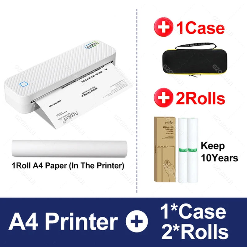 PrintWave2™: Wireless Bluetooth A4 Thermal Printer - Inkless, Portable Printer for Office, School, and Home+ 2 Rolls Thermal paper+ Case 