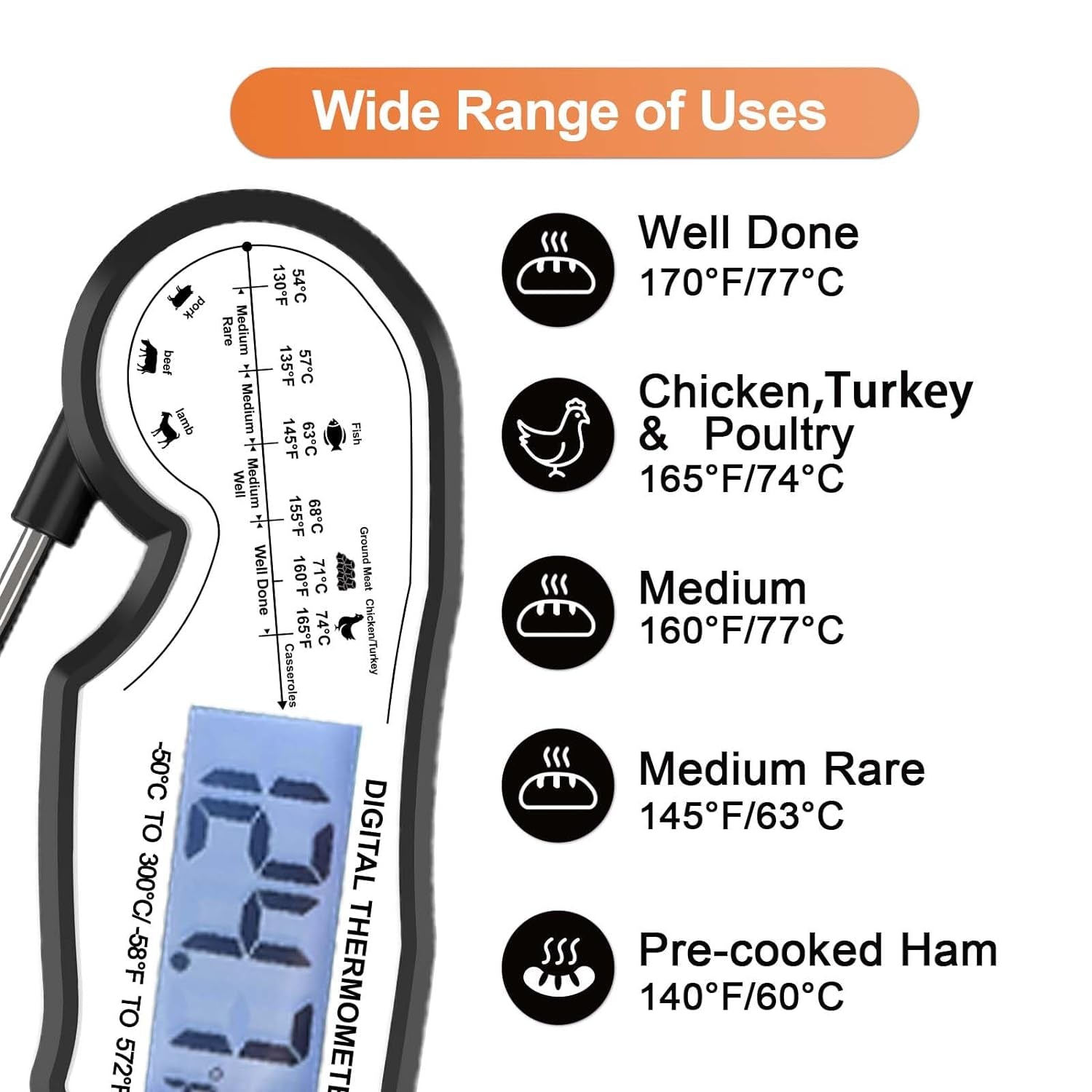 QuickTemp™: Digital Instant Read Meat Thermometer - Waterproof, Ultra-Fast, with Backlight & Foldable Probe for Grilling, Cooking, BBQ & More - Black/White