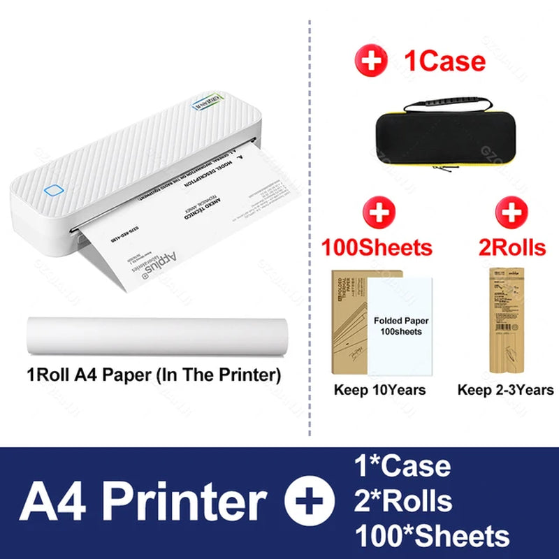 PrintWave2™: Wireless Bluetooth A4 Thermal Printer - Inkless, Portable Printer for Office, School, and Home+ 2 Rolls Thermal paper+ Case 