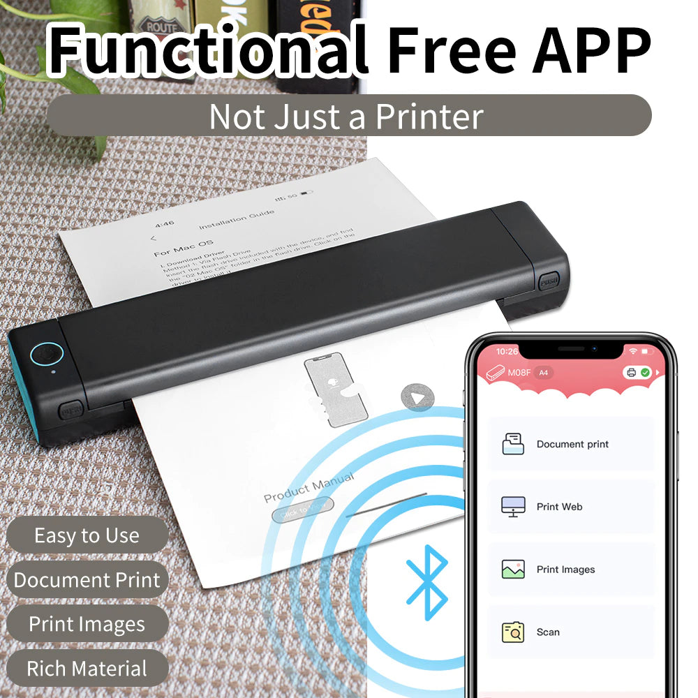 PrintWave™: Portable A4 Thermal Printer - Wireless Mobile Printing for Car & Office, Supports 8.26" x 11.69" A4 Paper