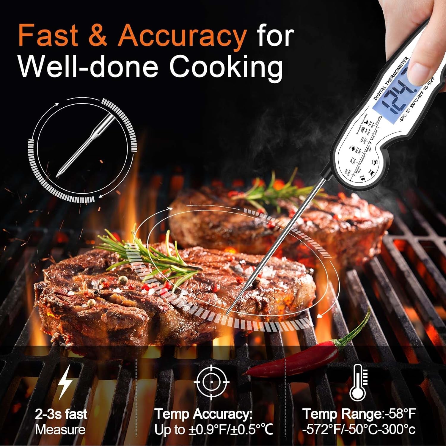 QuickTemp™: Digital Instant Read Meat Thermometer - Waterproof, Ultra-Fast, with Backlight & Foldable Probe for Grilling, Cooking, BBQ & More - Black/White