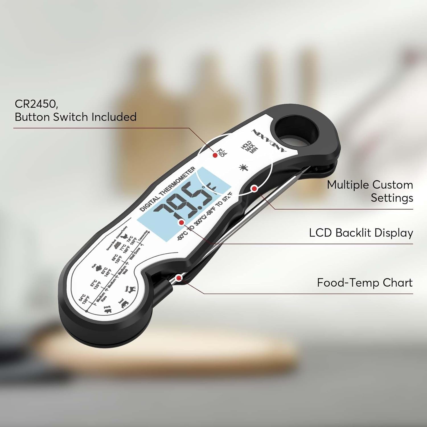 QuickTemp™: Digital Instant Read Meat Thermometer - Waterproof, Ultra-Fast, with Backlight & Foldable Probe for Grilling, Cooking, BBQ & More - Black/White