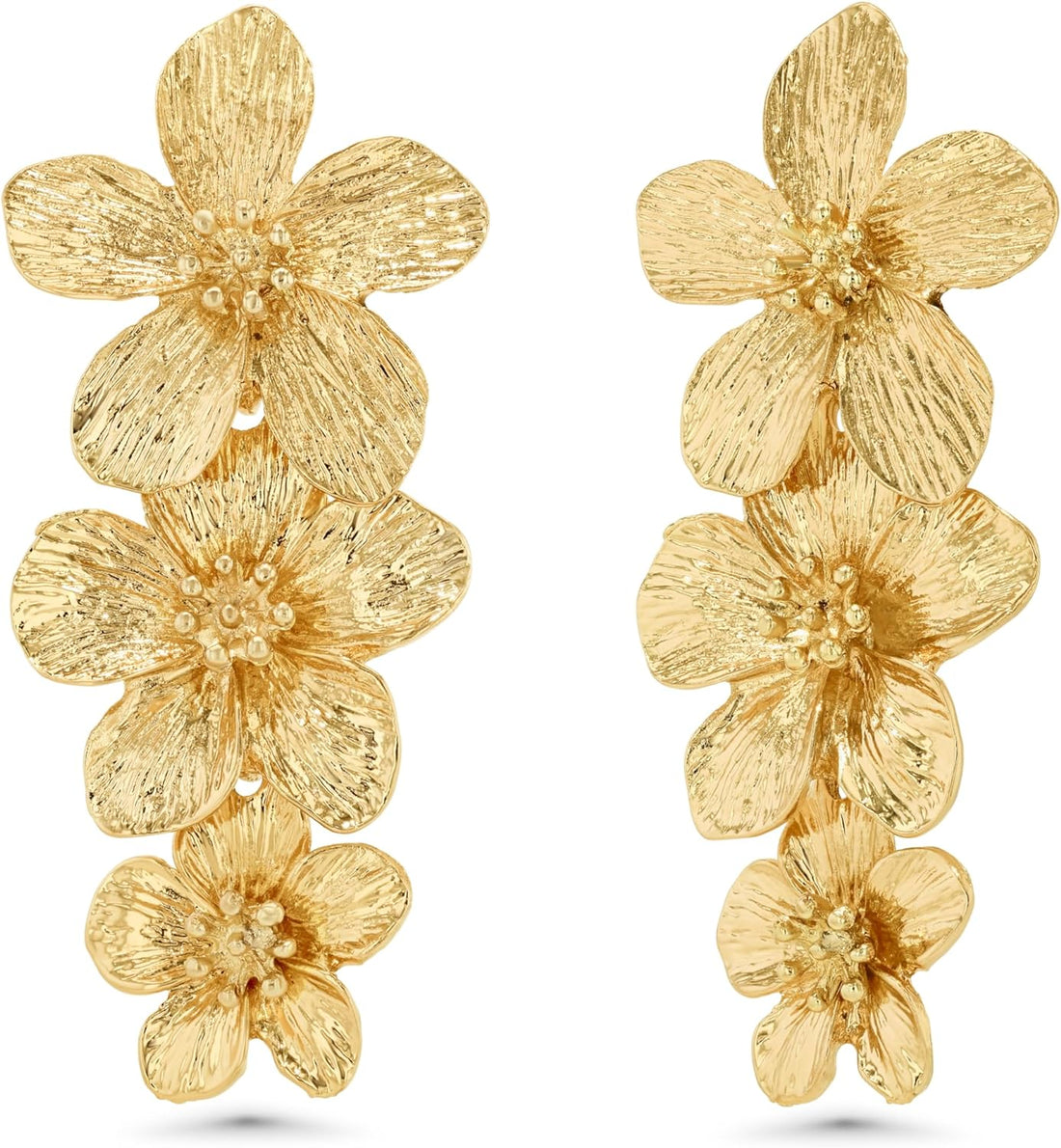 Triple Bloom™: Radiant Yellow Gold Flower Earrings