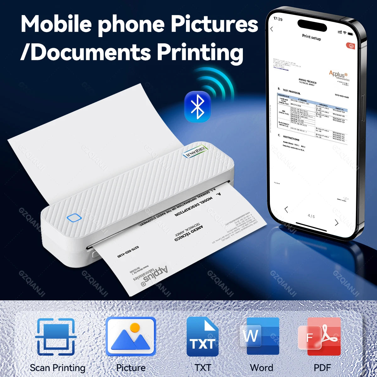 PrintWave2™: Wireless Bluetooth A4 Thermal Printer - Inkless, Portable Printer for Office, School, and Home+ 2 Rolls Thermal paper+ Case 