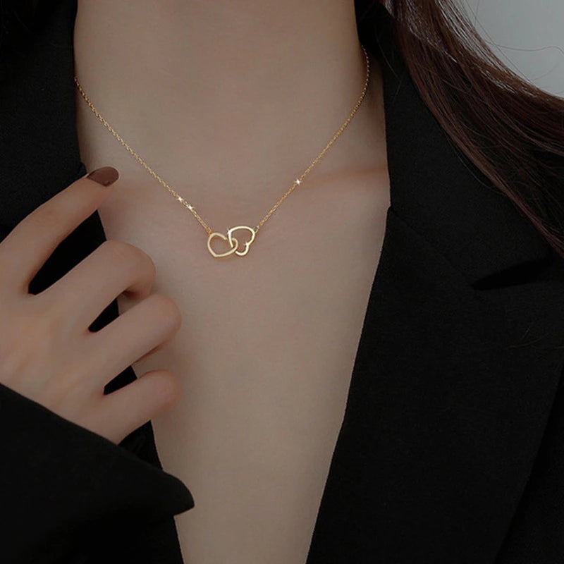 Simple Double Heart Pendant Necklace for Women Couple Stainless Steel Choker Gold Color Chain Wedding Party Friends Jewelry Gift