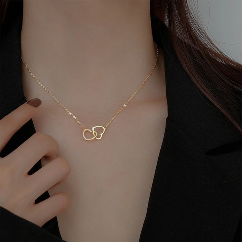 Simple Double Heart Pendant Necklace for Women Couple Stainless Steel Choker Gold Color Chain Wedding Party Friends Jewelry Gift