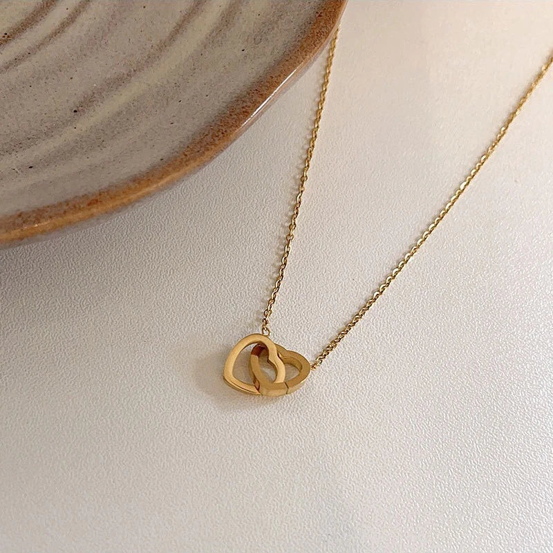 Simple Double Heart Pendant Necklace for Women Couple Stainless Steel Choker Gold Color Chain Wedding Party Friends Jewelry Gift