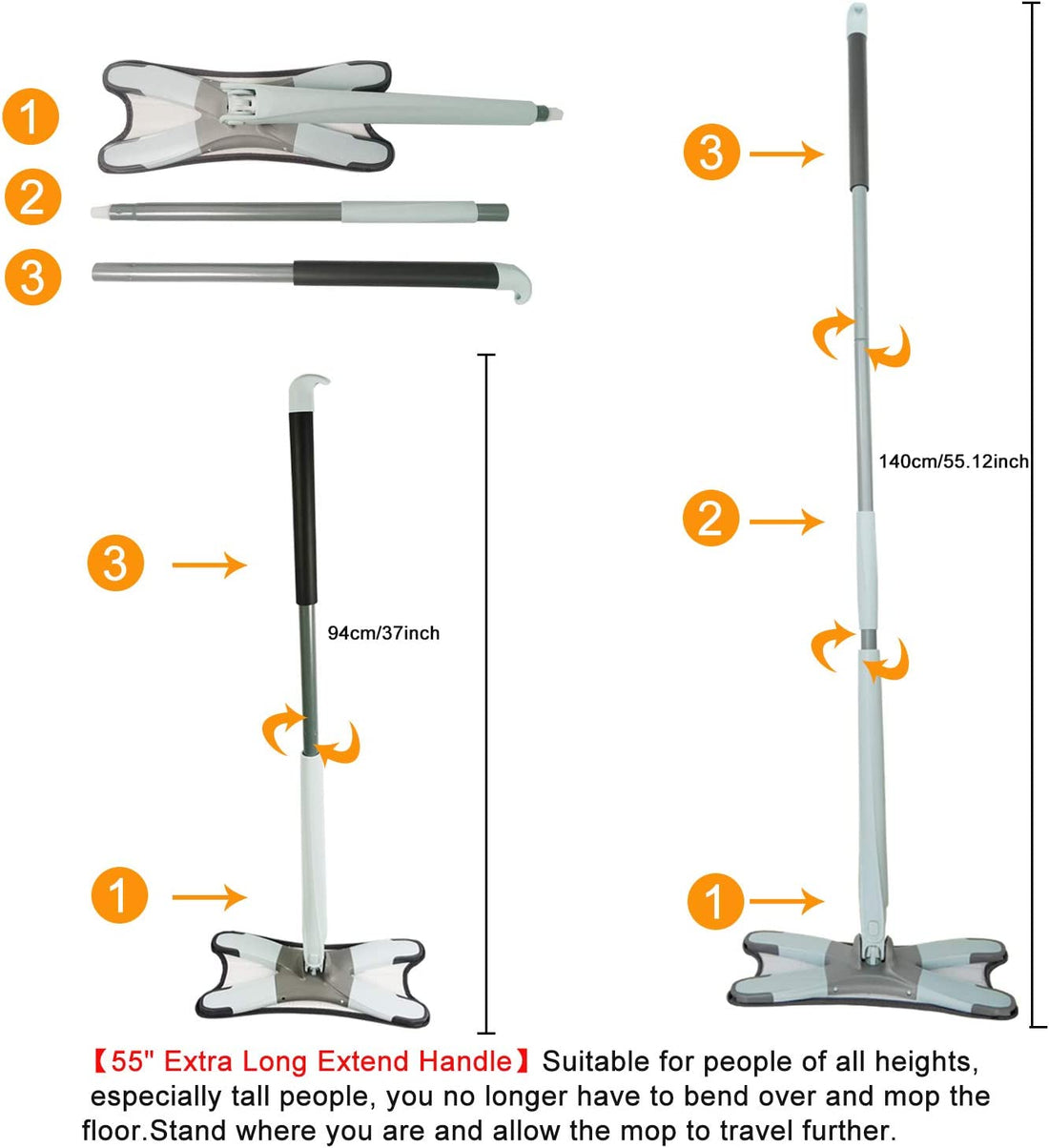 SwiftShine™: X-Type Flat Floor Mop with 3 Replace Cloth Heads - Effortless Cleaning with 360° Squeeze Action