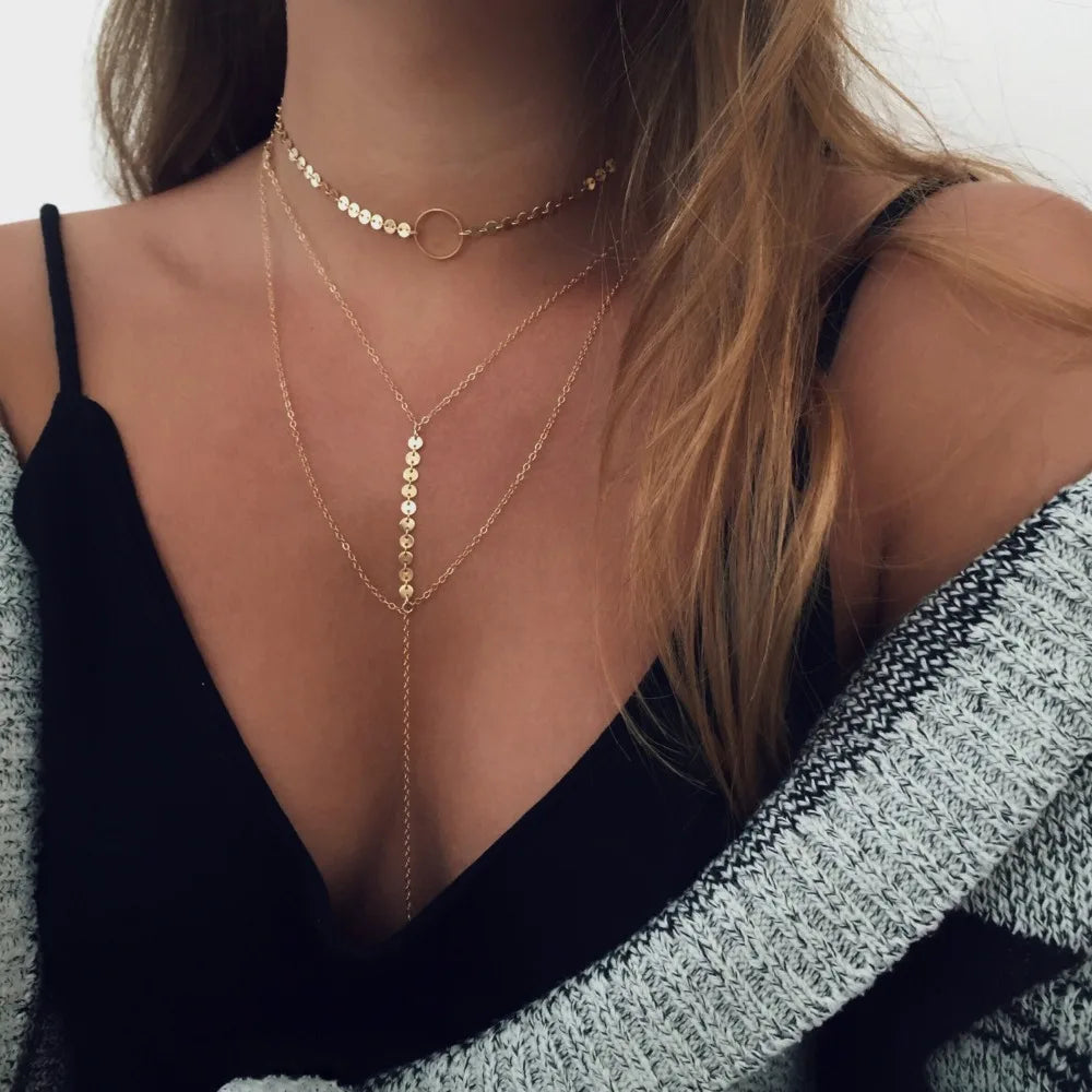 Shimmer & Shine: Fashion Sequins Lariat Y Necklace Choker Set ✨ Three Layers Gold Color/Silver Color Disk Coin Choker Set Best Gift for Women✨