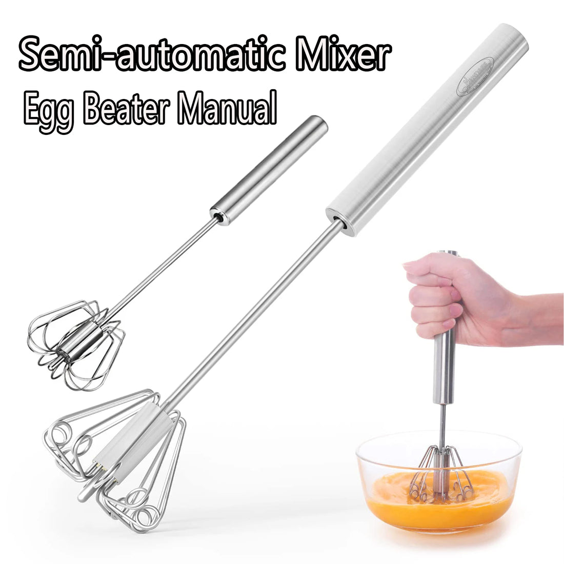 WhiskEase™: Semi-Automatic Mixer Whisk- Semi Automatic Mixer Whisk Egg Beater Stainless Steel Manual Hand Mixer Self-Turning Cream Utensils Kitchen Mixer Egg Tools