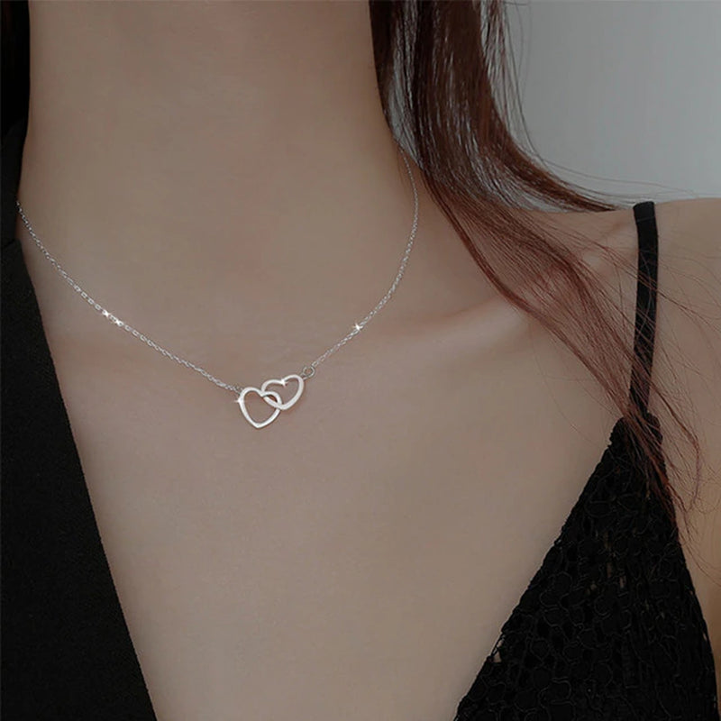 Simple Double Heart Pendant Necklace for Women Couple Stainless Steel Choker Gold Color Chain Wedding Party Friends Jewelry Gift