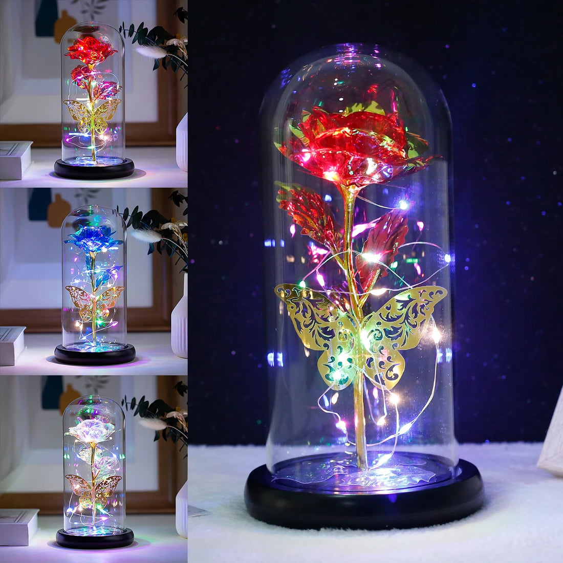 Artificial Galaxy Rose Lamp with Butterfly and Colorful LED Rose Flowers LED Rose Light Flower Gift for Women Girls Dropshipping