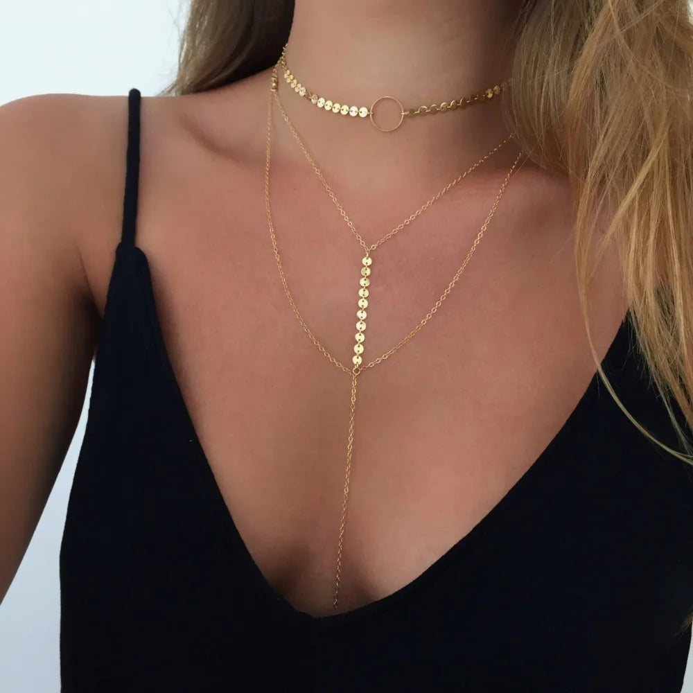 Shimmer & Shine: Fashion Sequins Lariat Y Necklace Choker Set ✨ Three Layers Gold Color/Silver Color Disk Coin Choker Set Best Gift for Women✨