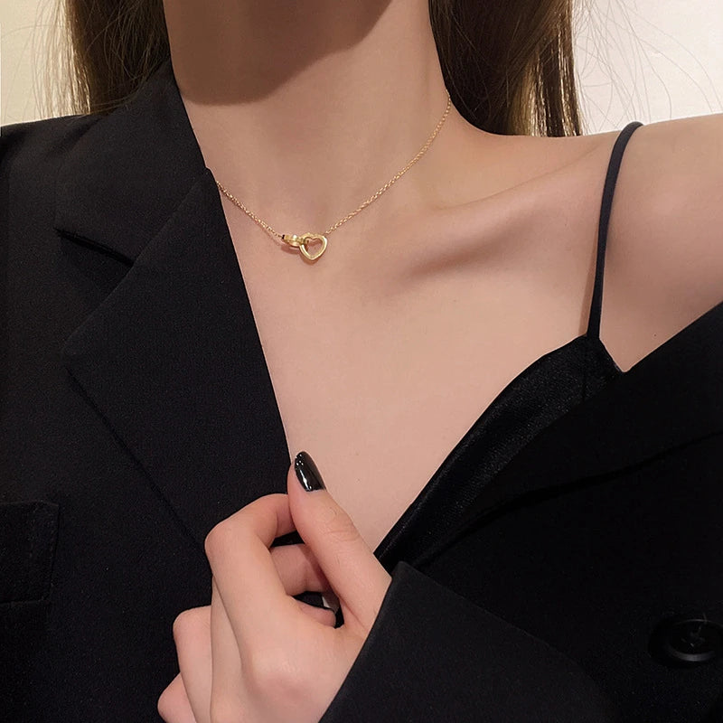 Simple Double Heart Pendant Necklace for Women Couple Stainless Steel Choker Gold Color Chain Wedding Party Friends Jewelry Gift