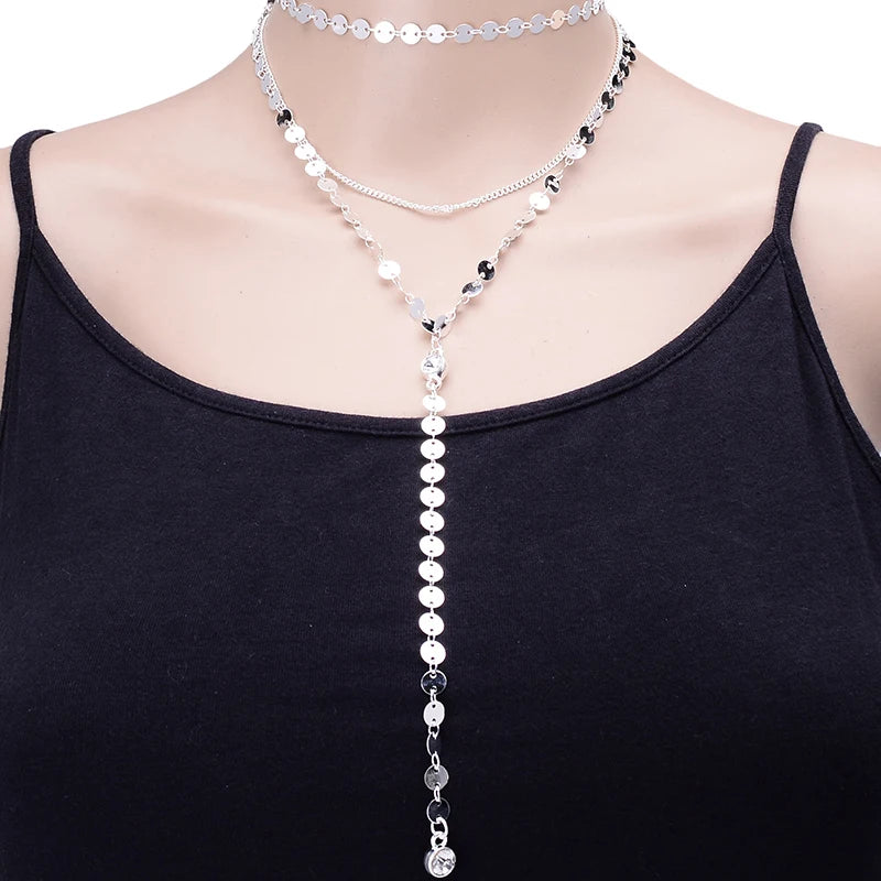 Layered Elegance: Rhinestone Y Choker Necklace Trio 💎| New Arrival Tattoo Coin Choker One Layer |Three Layers Lariat Y Chokers Rhinestone Crystal Necklace Best Gift to Girls 💖