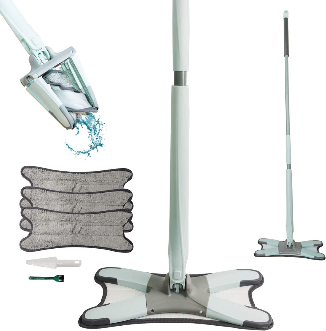 SwiftShine™: X-Type Flat Floor Mop with 3 Replace Cloth Heads - Effortless Cleaning with 360° Squeeze Action