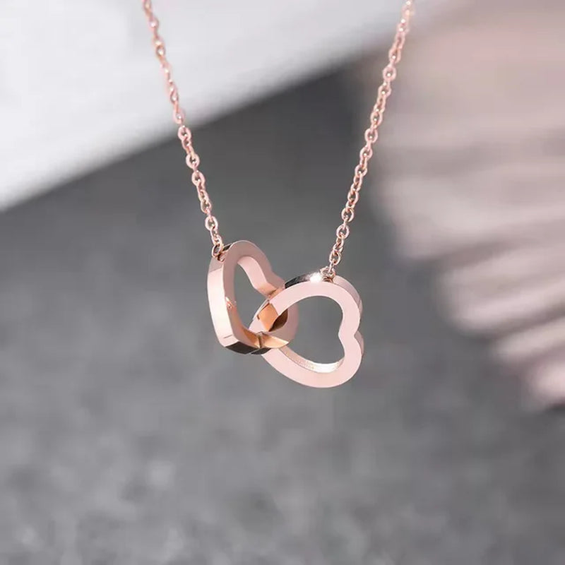 Simple Double Heart Pendant Necklace for Women Couple Stainless Steel Choker Gold Color Chain Wedding Party Friends Jewelry Gift