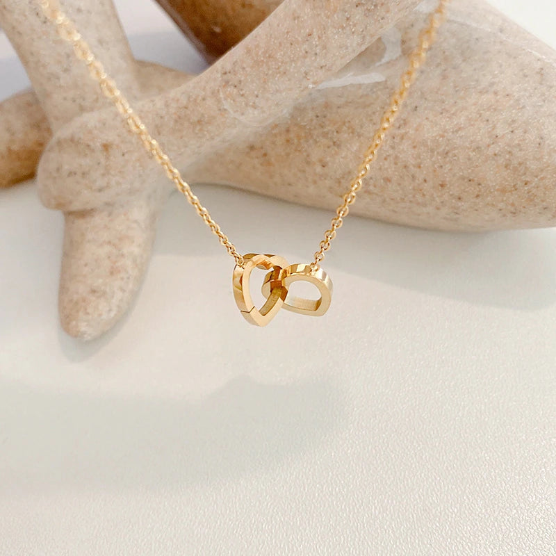 Simple Double Heart Pendant Necklace for Women Couple Stainless Steel Choker Gold Color Chain Wedding Party Friends Jewelry Gift